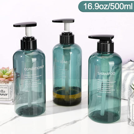 Soap dispenser - 3 pieces - Empty travel bottles - shampoo conditioner, shower gel dispenser - pump dispenser - empty bottles - 500 ml - blue - plastic - refillable - with labels - for travel and bathroom.