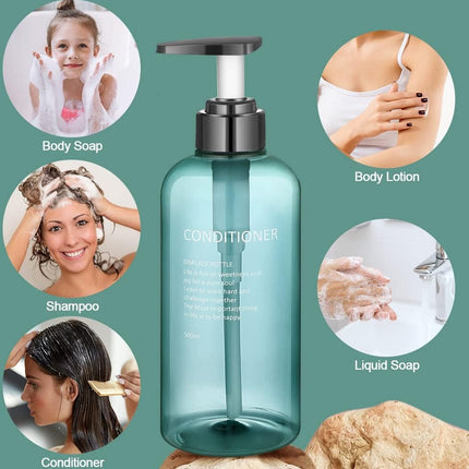 Soap dispenser - 3 pieces - Empty travel bottles - shampoo conditioner, shower gel dispenser - pump dispenser - empty bottles - 500 ml - blue - plastic - refillable - with labels - for travel and bathroom.
