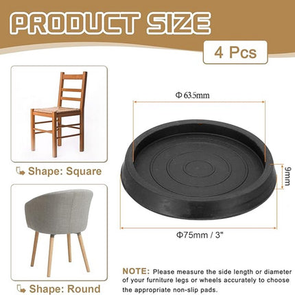 4 Pieces - Non-Slip Furniture Pads - Rubber - Black - Round - For Floor and Furniture Protection - For Bed Sofa Stoppers - 75*75*9mm.