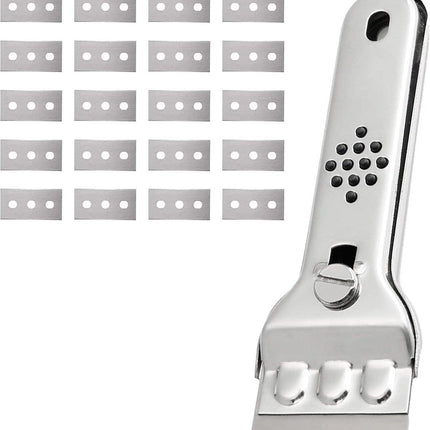 Ceramic Plate Scraper - Hob Scraper Scraper With 20 Extra Blades - Paint Scraper - suitable for glass or tiles and against glue or paint residue - glass scraper - stainless steel - cleaning induction hobs - halogen hob - paint cleaner.