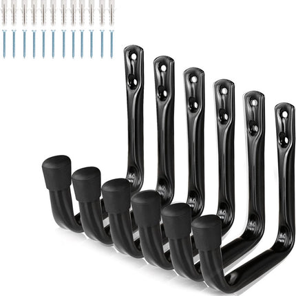 Storage hooks - wall hooks - tool hooks - garage organizer - 6 pieces - 9*11.5 cm - iron - black - with rubber end cap - Including screws - for cellar, bicycle, wall-mounted ladder.
