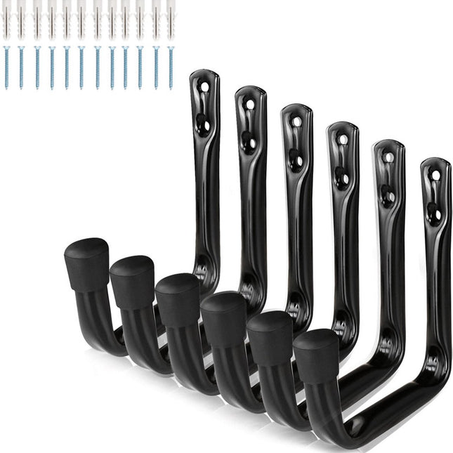 Storage hooks - wall hooks - tool hooks - garage organizer - 6 pieces - 9*11.5 cm - iron - black - with rubber end cap - Including screws - for cellar, bicycle, wall-mounted ladder.