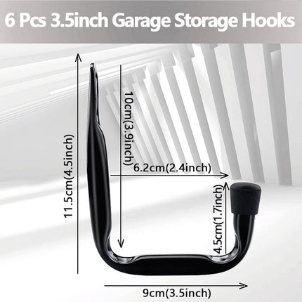 Storage hooks - wall hooks - tool hooks - garage organizer - 6 pieces - 9*11.5 cm - iron - black - with rubber end cap - Including screws - for cellar, bicycle, wall-mounted ladder.