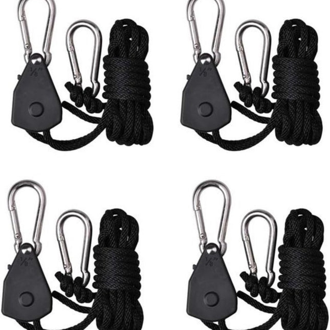 4 pieces/2 pairs - Rope ratchet - ratchet - internal gear ratchet - tow hook with carabiner - Rope ratchet hanger set - lifting device - 2m long - 150 lbs - black - for indoor plants, lighting and ventilation.
