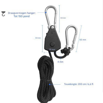 4 pieces/2 pairs - Rope ratchet - ratchet - internal gear ratchet - tow hook with carabiner - Rope ratchet hanger set - lifting device - 2m long - 150 lbs - black - for indoor plants, lighting and ventilation.