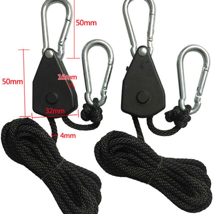 4 pieces/2 pairs - Rope ratchet - ratchet - internal gear ratchet - tow hook with carabiner - Rope ratchet hanger set - lifting device - 2m long - 150 lbs - black - for indoor plants, lighting and ventilation.
