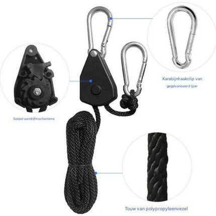 4 pieces/2 pairs - Rope ratchet - ratchet - internal gear ratchet - tow hook with carabiner - Rope ratchet hanger set - lifting device - 2m long - 150 lbs - black - for indoor plants, lighting and ventilation.