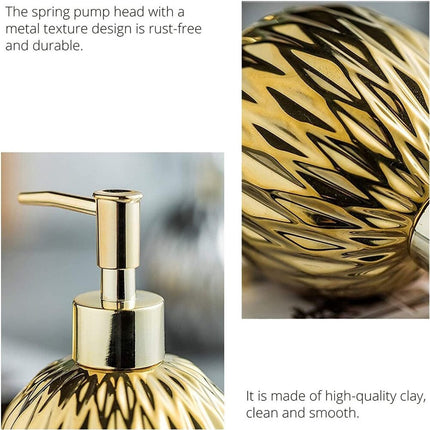 Modern ceramic soap dispenser gold for bathroom and kitchen.
