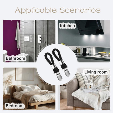 4 pieces - Towel clip - Towel rack - Kitchen towel clips - 11.5*2.3 cm - Black - Multifunctional clips - Suitable for home cupboards and bathrooms - Towel clip made of cotton rope.
