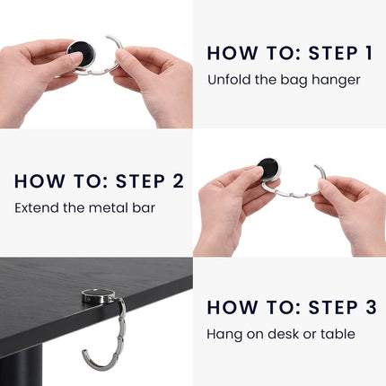 3 pieces - Bag hook - Hook for bags and backpacks - Bag hanger - Bag hooks - Bag hooks - Bag hook - Bag hook table - Bag hanger on the table - Silver - Foldable - Zinc alloy - 9.3 * 4.9 cm - for handbag, school bag, headphones, etc..