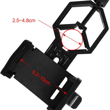 Universal Phone Holder for Telescope - For Eyepiece Diameter Ø 2.5 - 4.8cm - Mobile Phone Adapter Mount - Clip-on Design - For Spotter's Binoculars / Telescope - Adjustable - Black - ABS and Aluminum Alloy.