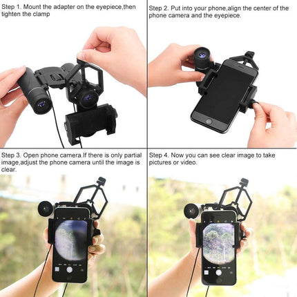 Universal Phone Holder for Telescope - For Eyepiece Diameter Ø 2.5 - 4.8cm - Mobile Phone Adapter Mount - Clip-on Design - For Spotter's Binoculars / Telescope - Adjustable - Black - ABS and Aluminum Alloy.