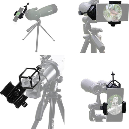 Universal Phone Holder for Telescope - For Eyepiece Diameter Ø 2.5 - 4.8cm - Mobile Phone Adapter Mount - Clip-on Design - For Spotter's Binoculars / Telescope - Adjustable - Black - ABS and Aluminum Alloy.