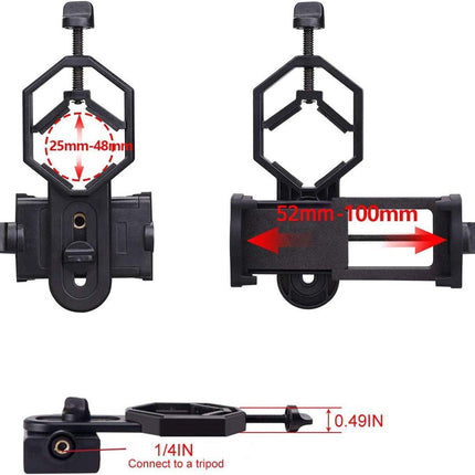 Universal Phone Holder for Telescope - For Eyepiece Diameter Ø 2.5 - 4.8cm - Mobile Phone Adapter Mount - Clip-on Design - For Spotter's Binoculars / Telescope - Adjustable - Black - ABS and Aluminum Alloy.