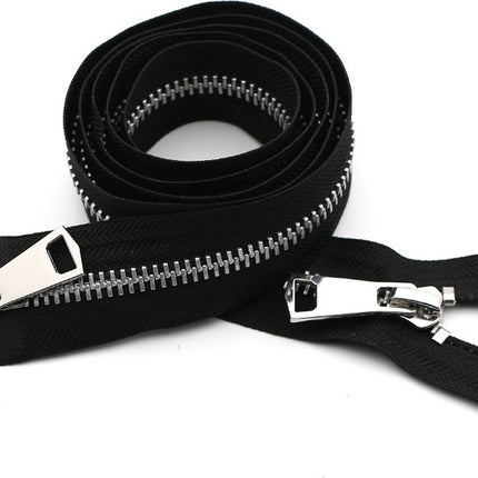 Zipper - Pack of 2 - Two-way zipper - Double slider - Divisible - Silver teeth - Black, silver - No. 5 70 cm - For jackets and coats.