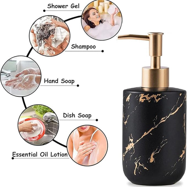Soap dispensers - Soap dispensers - Freestanding soap dispenser - Kitchen - Bathroom - Toilet - 300 ml - Kitchen accessories - Freestanding and refillable - black and gold - Marbled matt - ceramic - 8*19cm.