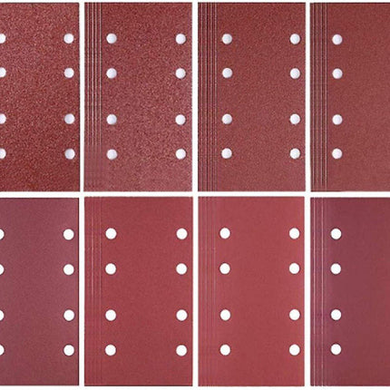 80 pieces - Sanding sheets - Sandpaper set - 40/60/80/120/180/240/320/400 grit - rectangular flocked sandpaper - 8 holes - red - 185*93mm.