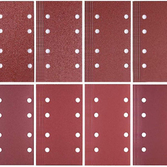 80 pieces - Sanding sheets - Sandpaper set - 40/60/80/120/180/240/320/400 grit - rectangular flocked sandpaper - 8 holes - red - 185*93mm.