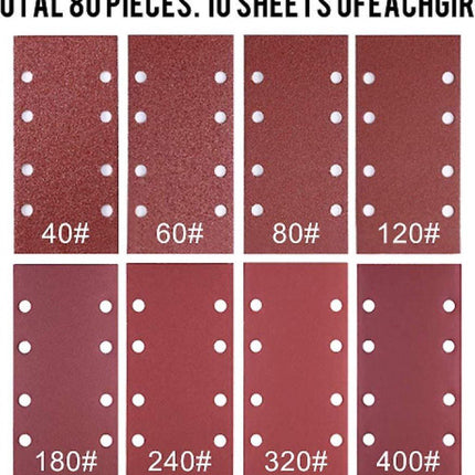 80 pieces - Sanding sheets - Sandpaper set - 40/60/80/120/180/240/320/400 grit - rectangular flocked sandpaper - 8 holes - red - 185*93mm.