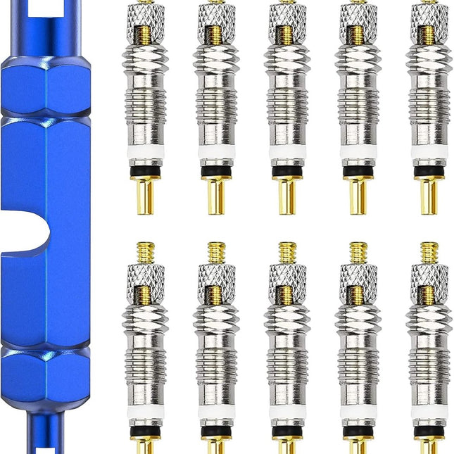 Presta Valve Cores - 10 Pieces - Zinc Alloy - With Extension Wrench - Bicycle Presta Valve Core Removal Kit - Presta Valve Core Replacement Kit - Tire Repair