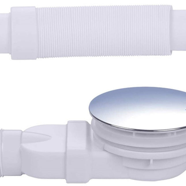 Shower tray siphon - Shower tray drains - Flat shower tray - Extra flat shower tray siphon - Drain set - Shower tray siphon - Shower tray siphon flat - For flat shower trays - Silver and white - Plastic.