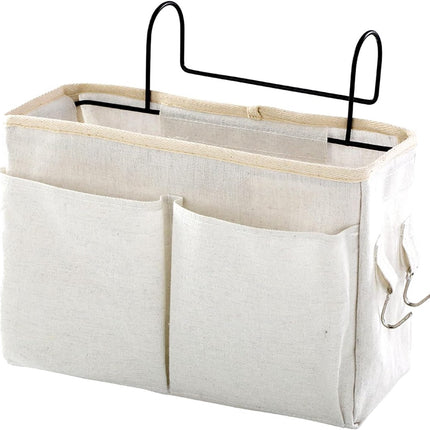 Hanging Basket - Bag Organizer - Bed Bag Holder - Storage Bags - Bed Organizer - Hanging Storage Bags - Dorm Organizer - 30*10*19 cm - Off-White - with 4 Pockets and 2 Hooks - Canvas - for Bunk Bed, Hospital Bed, Dorm, Camping.