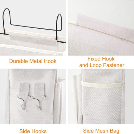 Hanging Basket - Bag Organizer - Bed Bag Holder - Storage Bags - Bed Organizer - Hanging Storage Bags - Dorm Organizer - 30*10*19 cm - Off-White - with 4 Pockets and 2 Hooks - Canvas - for Bunk Bed, Hospital Bed, Dorm, Camping.