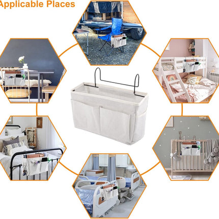 Hanging Basket - Bag Organizer - Bed Bag Holder - Storage Bags - Bed Organizer - Hanging Storage Bags - Dorm Organizer - 30*10*19 cm - Off-White - with 4 Pockets and 2 Hooks - Canvas - for Bunk Bed, Hospital Bed, Dorm, Camping.