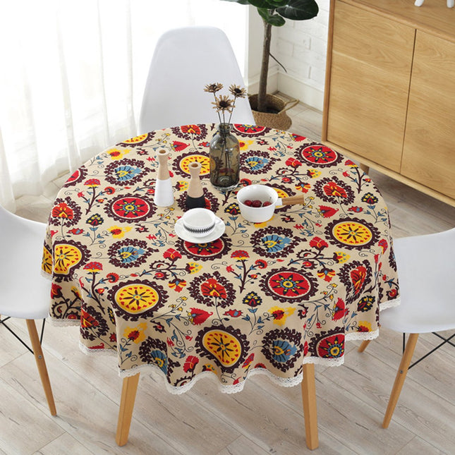Tablecloth - 150 CM round - Tablecloth - Decorative table covers - Oilcloth - Tablecloths - Bohemian style - Color - Flowers - Cotton Linen - Suitable for home use.
