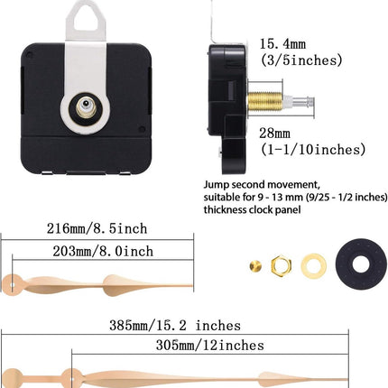 Quartz Clock Movement - Buy and Replace New Loose Clock Movement - High Torque - Long Hands Clock Movement - Gold and Black - Metal - Hour Hand Replacement Clock Movement - For Living Room Decoration, Art Decoration, Office, Bedroom.