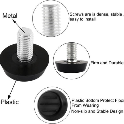 16 pieces Adjustable Furniture Feet - Leveling Pad Base Leg - Table Leg Chair - Adjustable Floor Protection - M6 x 10 x 20 mm - Leveling Leg - Furniture Coaster - Black / Silver - Plastic - Stainless Steel - Leveling Feet - Felt Pads - Floor Protectors -.