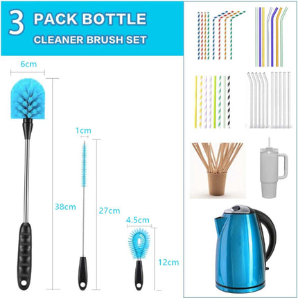 Bottle Brush - 3 Pieces - Bottle Brush - Cleaning Brush - Multifunctional Brushes - Long Bottle Brush - Scratch and BPA Free - Blue - Bottle Feeding Accessories.