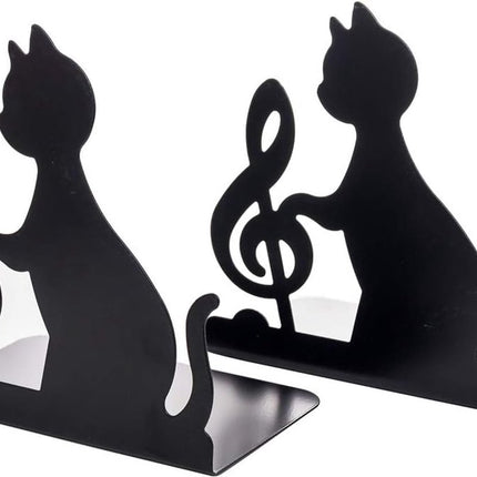 Metal Bookends - Set of 2 - Heavy Duty Black Metal Bookends - Cat Music Note - Non-Slip Durable Sturdy Book Organizer - For Bedroom Library Office - Book Stand - Book Holder - Bookend - Book Holder - Black.