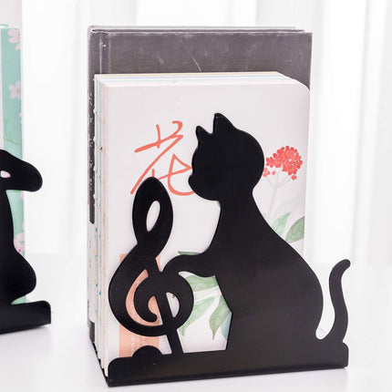 Metal Bookends - Set of 2 - Heavy Duty Black Metal Bookends - Cat Music Note - Non-Slip Durable Sturdy Book Organizer - For Bedroom Library Office - Book Stand - Book Holder - Bookend - Book Holder - Black.