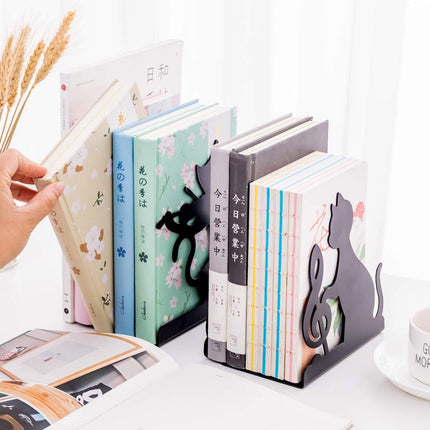Metal Bookends - Set of 2 - Heavy Duty Black Metal Bookends - Cat Music Note - Non-Slip Durable Sturdy Book Organizer - For Bedroom Library Office - Book Stand - Book Holder - Bookend - Book Holder - Black.