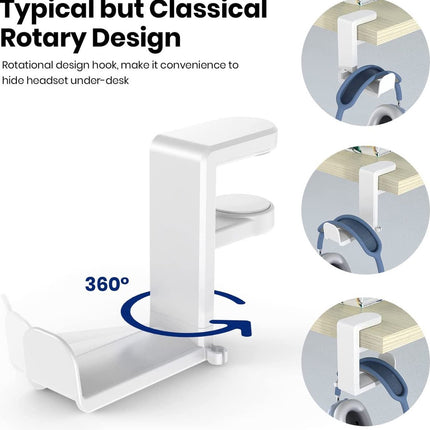 Headset Holder - Headphone Hook - Headphone Stand - Headset Hanger - 11.43 * 10.16 * 4cm - Plastic - White - Adjustable - Rotating Arm Clamp - Non-slip - Headphone Holder for Under Desk.