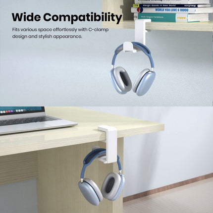 Headset Holder - Headphone Hook - Headphone Stand - Headset Hanger - 11.43 * 10.16 * 4cm - Plastic - White - Adjustable - Rotating Arm Clamp - Non-slip - Headphone Holder for Under Desk.