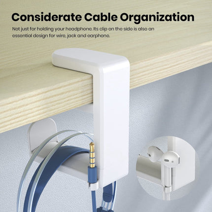Headset Holder - Headphone Hook - Headphone Stand - Headset Hanger - 11.43 * 10.16 * 4cm - Plastic - White - Adjustable - Rotating Arm Clamp - Non-slip - Headphone Holder for Under Desk.