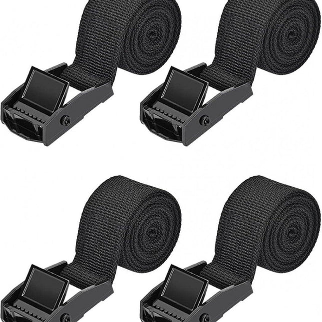 4 pieces - Tension straps - Lashing straps - Fastening straps - 25 MM * 1.5 meters long - Polyester fibers - Black - with buckle - adjustable - for vans, bicycles, trailers, luggage.