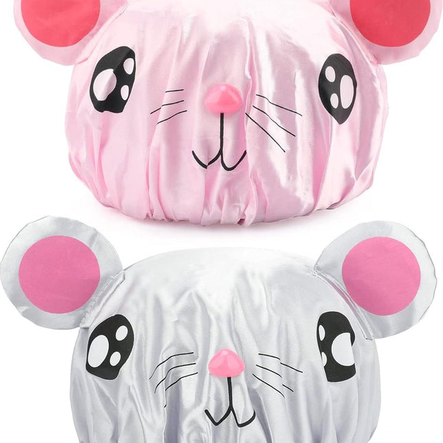 Shower cap - 2 pieces - pink mouse and gray mouse - cute shower cap with double layer - waterproof - Bath cap, children, long hair, shower cap.