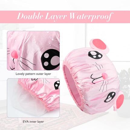 Shower cap - 2 pieces - pink mouse and gray mouse - cute shower cap with double layer - waterproof - Bath cap, children, long hair, shower cap.