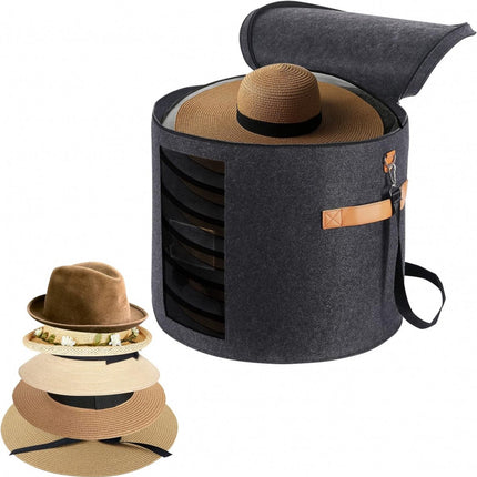 Hat box - storage boxes - Hat storage box - round - dark gray - 50 x 43 cm - felt - foldable - with lid and carrying handle and zipper - transparent window.