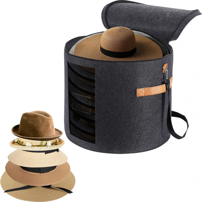 Hat box - storage boxes - Hat storage box - round - dark gray - 50 x 43 cm - felt - foldable - with lid and carrying handle and zipper - transparent window.