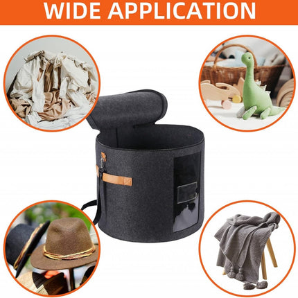 Hat box - storage boxes - Hat storage box - round - dark gray - 50 x 43 cm - felt - foldable - with lid and carrying handle and zipper - transparent window.