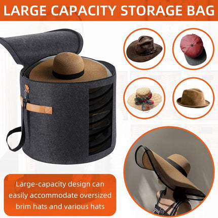Hat box - storage boxes - Hat storage box - round - dark gray - 50 x 43 cm - felt - foldable - with lid and carrying handle and zipper - transparent window.
