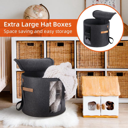 Hat box - storage boxes - Hat storage box - round - dark gray - 50 x 43 cm - felt - foldable - with lid and carrying handle and zipper - transparent window.