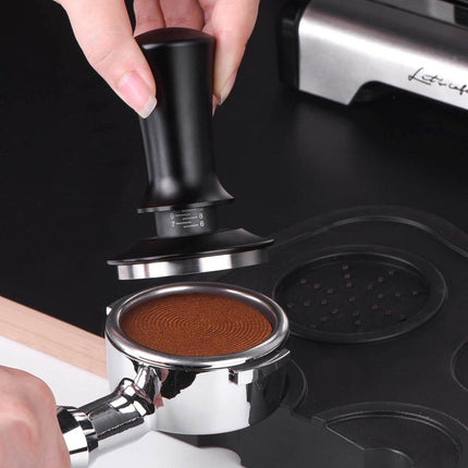 Coffee tamper - Tamper - 51 mm - Coffee press - Espresso tamper - 304 stainless steel - Aluminum handle - Base Ripple - Scale adjustment - For cafes, coffee lovers - Black.