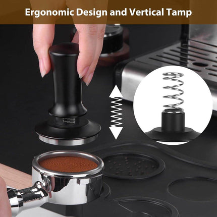 Coffee tamper - Tamper - 51 mm - Coffee press - Espresso tamper - 304 stainless steel - Aluminum handle - Base Ripple - Scale adjustment - For cafes, coffee lovers - Black.