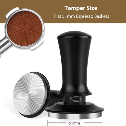 Coffee tamper - Tamper - 51 mm - Coffee press - Espresso tamper - 304 stainless steel - Aluminum handle - Base Ripple - Scale adjustment - For cafes, coffee lovers - Black.