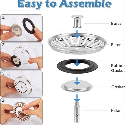 Sink Drain Plug - 2 pieces - Drain stopper - Strainer - 84mm - Stainless steel - Silver.